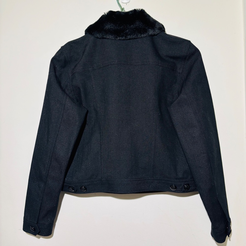 Lauren Ralph Lauren Black ShimmerDenim Faux Fur Collar JacketWomen's Sz‎ LP - Picture 3 of 7